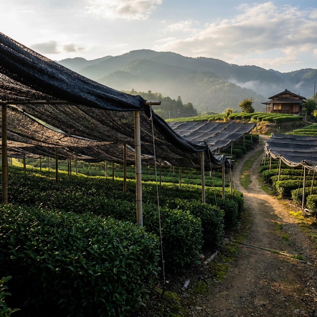 ไร่ชาเขียวที่ถูกปกคลุมด้วยตาข่ายบังแสง