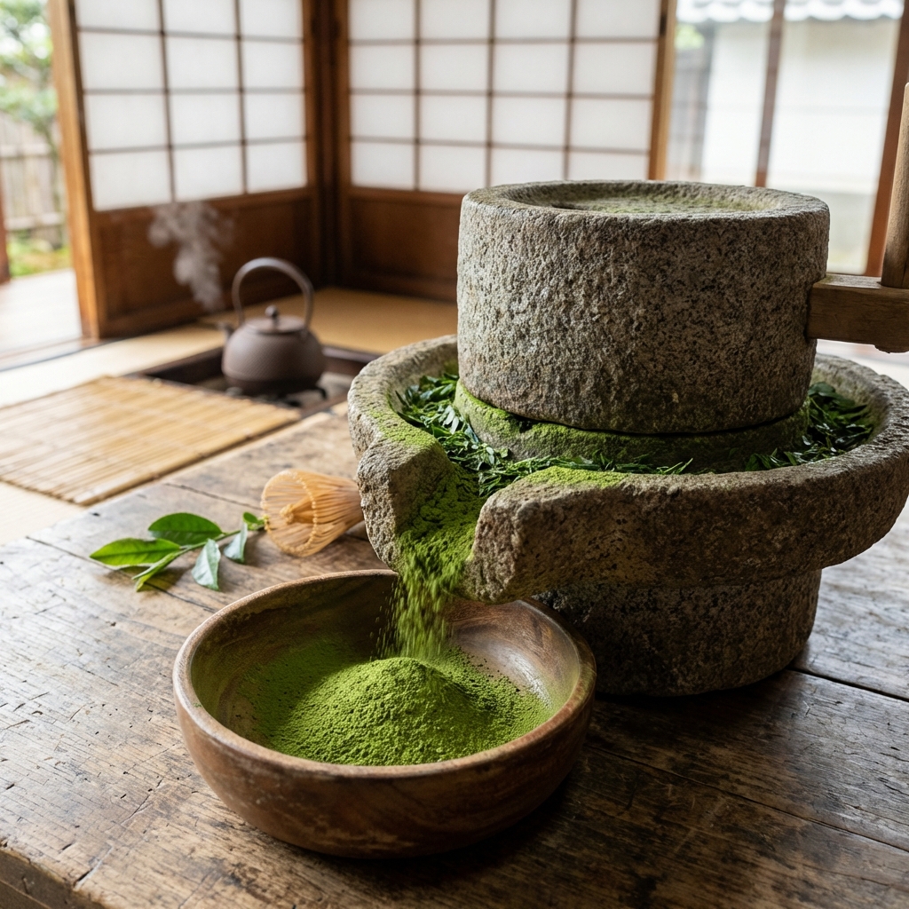 โม่หินแกรนิตบดใบชาเทนฉะให้กลายเป็นผงมัทฉะละเอียด