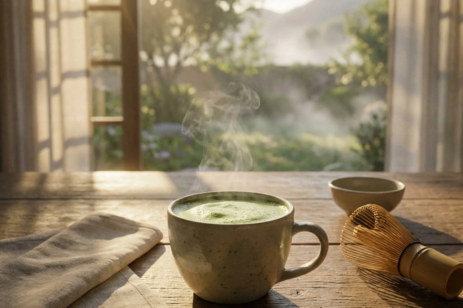 ชุดชงชามัทฉะบนโต๊ะไม้พร้อมแสงยามเช้า สื่อถึงพลังงานที่ยั่งยืน