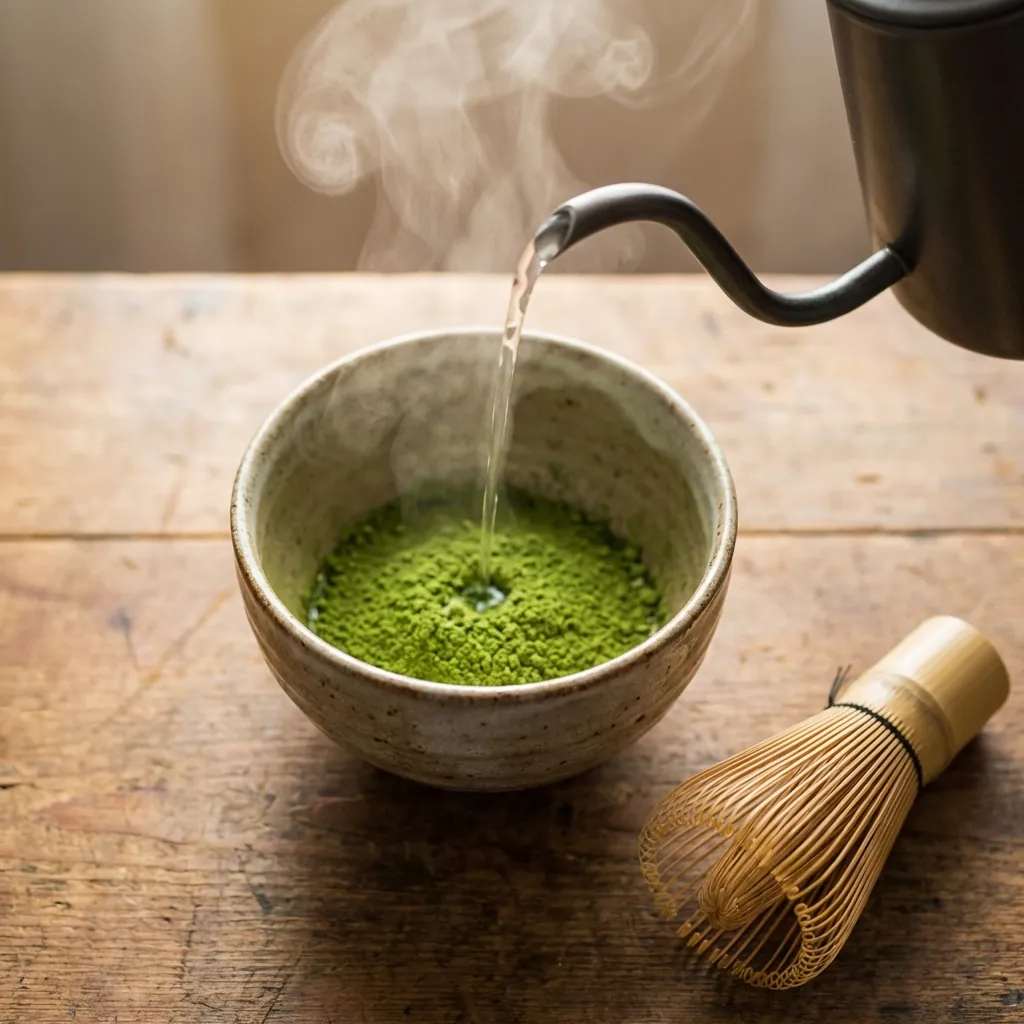 Pouring hot water into matcha bowl