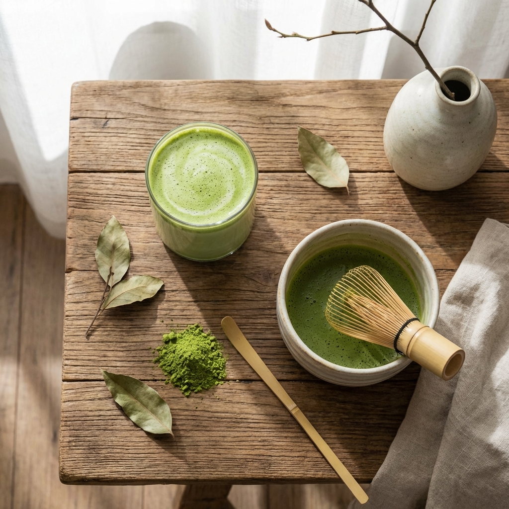 มัทฉะลาเต้และอุปกรณ์ชงชา