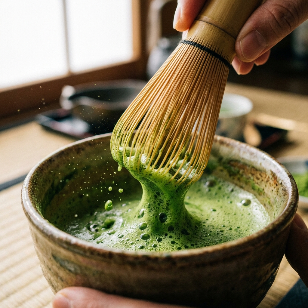 การชงมัทฉะด้วยแปรงไม้ไผ่